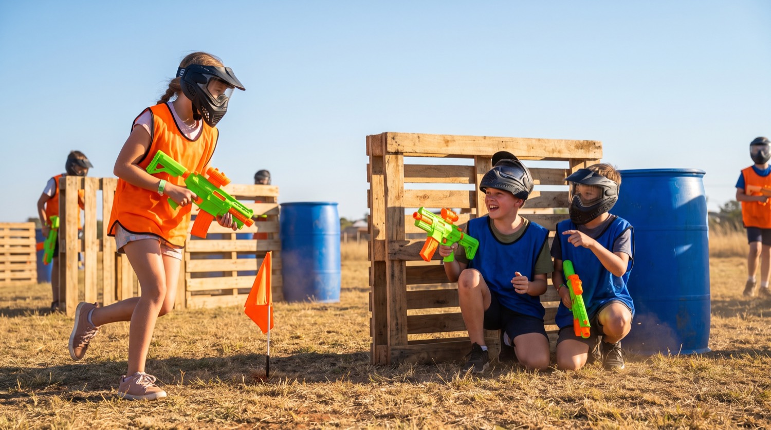 Kids in masks and team bibs playing capture the flag with toy gel blasters