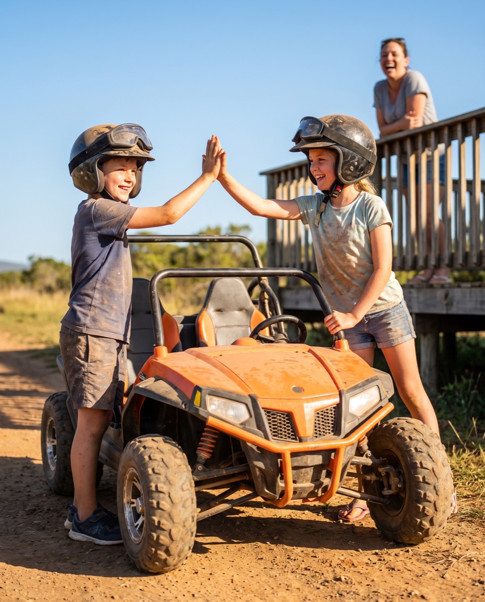 Brother and sister high-fiving next to a buggy