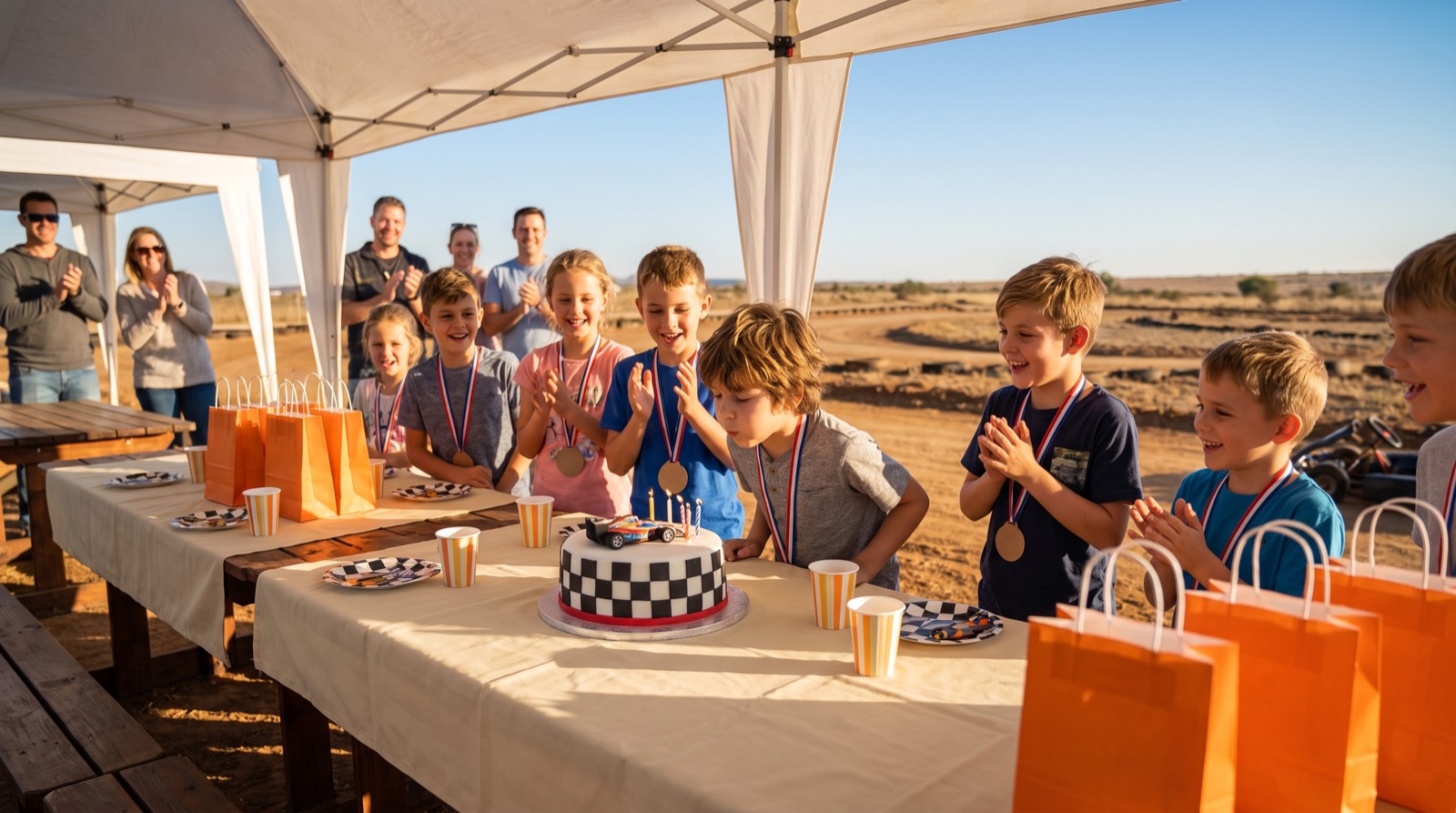 Kids in medals cheering as the birthday boy blows out candles on a checkered-flag cake