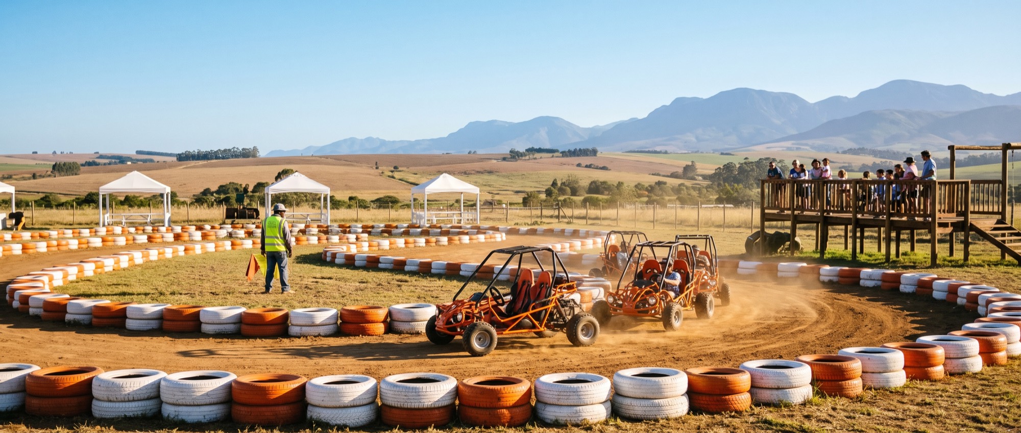 Three orange buggies racing on a small dirt track lined with tyre walls